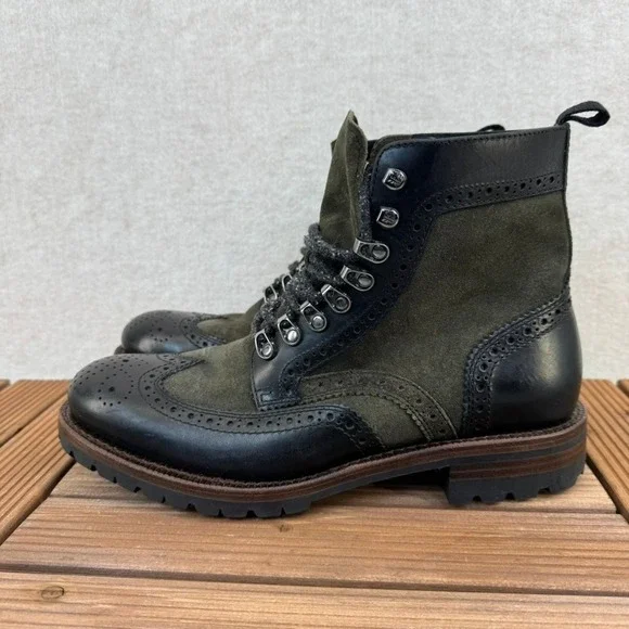 Frye George Adirondack Mens 8.5 Suede Leather Wingtip Lace Up Boots Olive Black - Picture 4 of 16